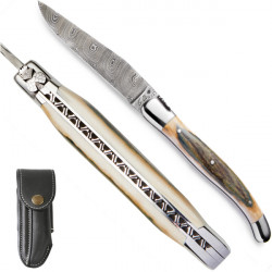 coltello Laguiole Damasco avorio di mammut, con custodia in pelle (con clip da cintura)